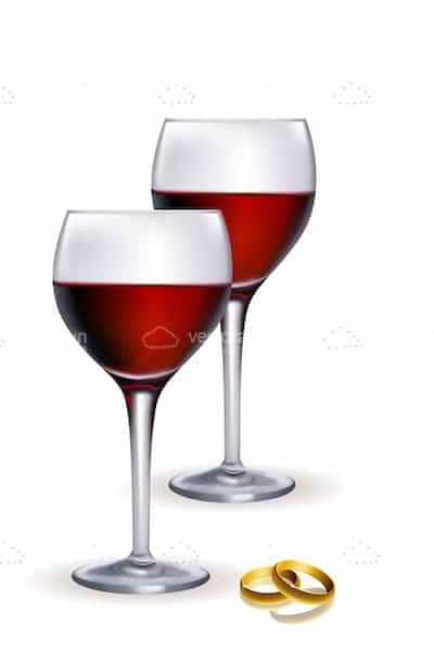 Red Wine Glasses with Wedding Rings